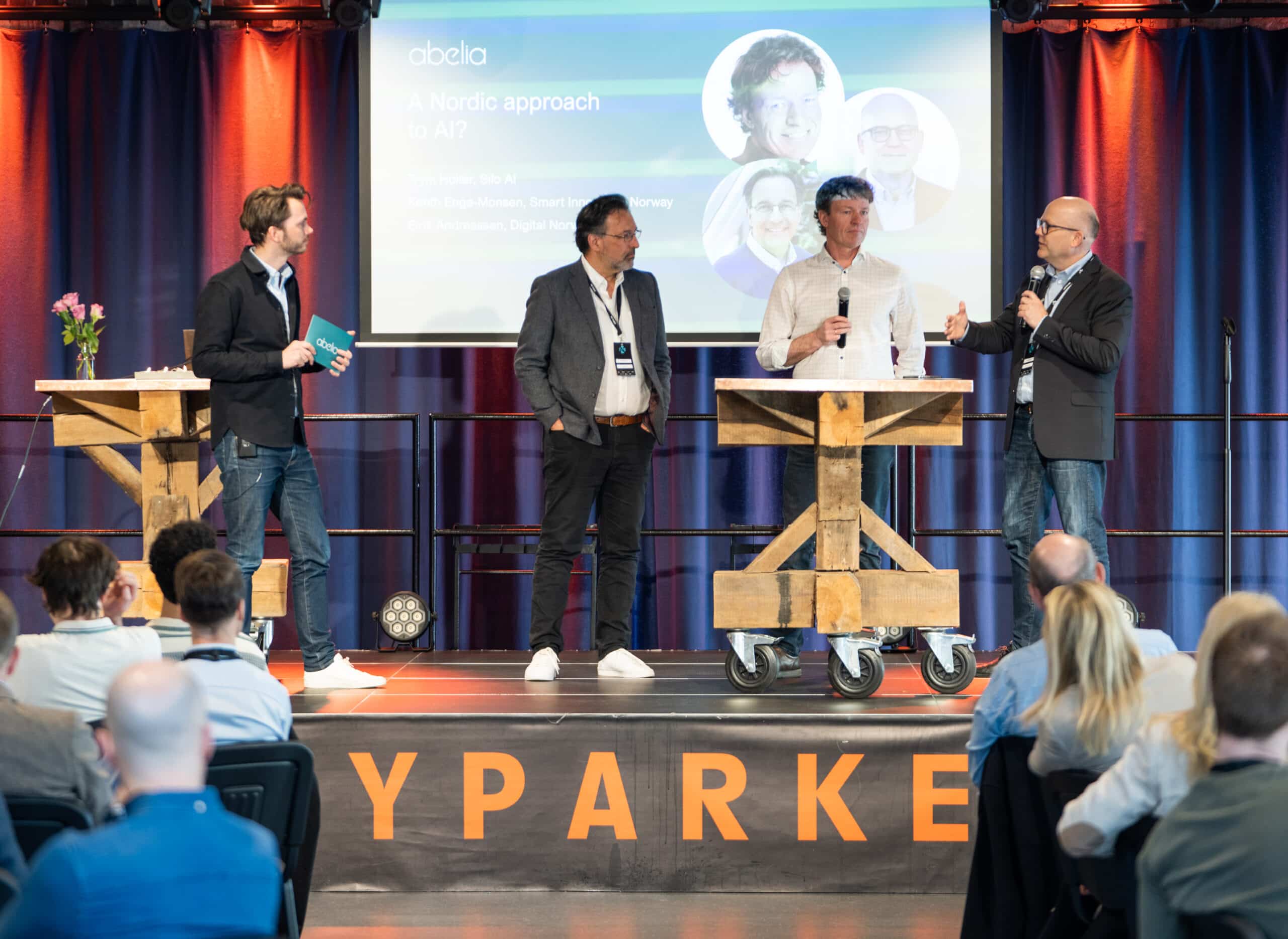 Jo Roald (left) from Abelia hosted the morning session at Day 2. Here with Eirik Andreassen from Digital Norway, Trym Holter from Silo AI and Kenth Engø-Monsen from Smart Innovation Norway. PHOTO: Stein Johnsen, ContentVideo